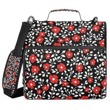 Imagem de Burbuja Pasta de fichário com 3 anéis de flores vermelhas pequenas com zíper e alça de ombro para laptop de 13 polegadas, vários bolsos para trabalho de escritório