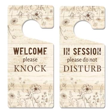 Imagem de Placa de porta In Session para terapeutas – Pacote com 2 placas "Please Do Not Disturb" para tratamento de consulta terapêutica dupla face PVC Welcome Please Knock Plaque 23 cm x 10 cm (linear floral)