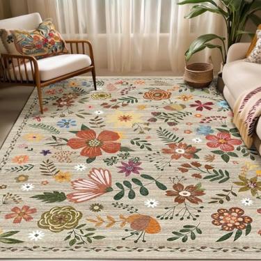 Imagem de Tapetes laváveis, tapete floral, tapete grande para sala de estar, quarto, 2,5 x 25 m, bege