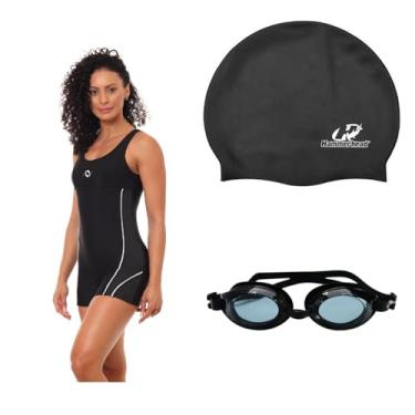 Imagem de Kit Natação Macaquinho Óculus Proteção UV e Touca Silicone Grande (Preto/Branco - Óculos Preto, XGG)