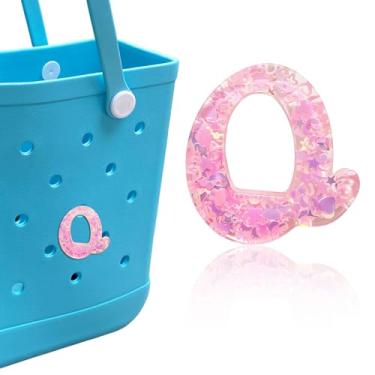 Imagem de HLUWA Berloques de letras para bolsa Bogg, alfabeto itálico rosa lantejoulas acessórios para Bogg e Simply Southern Bag, pingente de letras decorativas para bolsa de praia (Q)