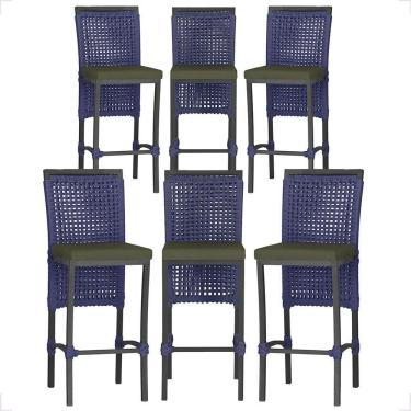 Imagem de 6 Banqueta Em Alumínio Roma Preta Corda Náutica Tecido 13 Azul