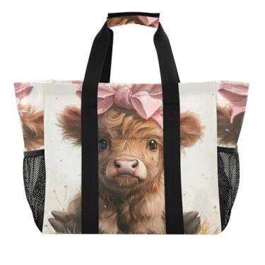 Imagem de ODAWA Bolsa de praia de lona lavável Highland Cow Pink Bow para uso diário e férias, academia e viagem com alça, Laço rosa de vaca Highland, One Size