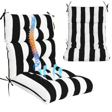 Imagem de RUFXIEZW Almofadas para cadeira de encosto alto para ambientes externos, pacote com 2, 112 cm x 56 cm x 10 cm, à prova d'água, com laços para cadeiras de balanço e Adirondack (preto branco)
