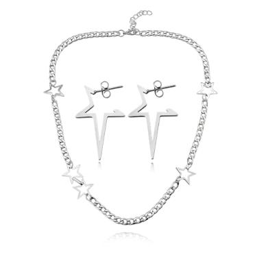 Imagem de Colar Hip Hop Y2k Brincos para Mulheres Punk Rock Star Argola Brincos Colares Hip Hop Grunge Emo Chocker Acessórios para Festival de Música Lembranças de Festa Estrelas Prata Decoração Estética