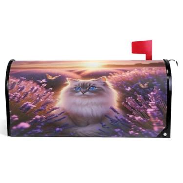 Imagem de TSENQUE Capas magnéticas decorativas para caixa de correio gato fofo gatinho floral roxo vinil caixa de correio envoltório verão caixa de correio moderna decoração de jardim tamanho grande 64,5 x 52,8