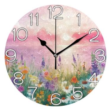 Imagem de GAIGEO Relógio de parede decorativo colorido de flores silvestres rosa roxo analógico escritório cozinha relógio divertido alimentado por bateria, decoração de parede de casa de fazenda moderna, 25 cm