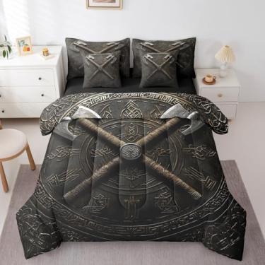 Imagem de Erosebridal Jogo de cama viking antigo com machado de batalha duplo, tribo exótica, 7 peças, marrom, preto, retrô, conjunto de lençol com edredom para decoração de quarto de crianças, adolescentes e