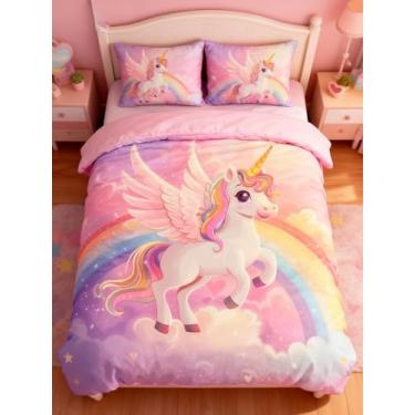 Imagem de ZUEXVOFY Conjunto de edredom infantil para meninas (unicórnio mágico, tamanho solteiro de 5 peças)