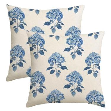 Imagem de NUTEEN Conjunto de 2 capas de almofada de hortênsia azul 45,7 x 45,7 cm, primavera, hortênsia, decoração ao ar livre, casa de fazenda, dia das mães, capa de almofada para sofá
