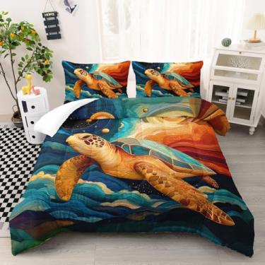 Imagem de AILONEN Conjunto de edredom solteiro com desenho animado de tartaruga marinha, oceano estrelado, para meninos e meninas, estampa de planetas galáxias, 2 fronhas, 3 peças