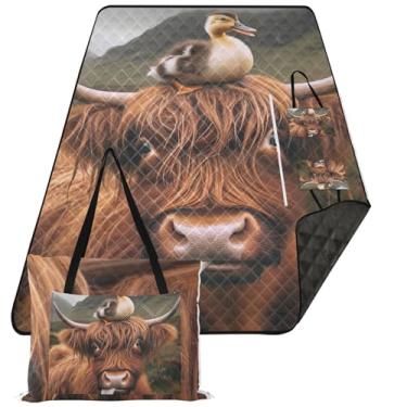 Imagem de TSENQUE Tapete de praia bonito com estampa de pato de vaca Highland impermeável à prova de areia, tapete de brincar ao ar livre para grama, cobertores de piquenique dobrável, grande, 299 cm x 203 cm