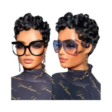 Imagem de Peruca Curta Pixie Cacheada Preta Para Mulheres, Cabelo Humano Remy Br