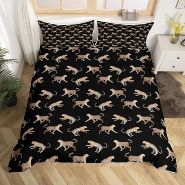 Imagem de jejeloiu Capa de edredom de leopardo, tamanho Queen, estampa de guepardo, para meninos e meninas, capa de edredom preta, decoração de quarto animal, 3 peças, safári, sem edredom e fecho de zíper com 2