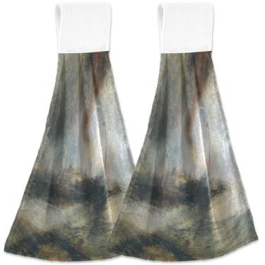 Imagem de TSENQUE Toalhas de mão de cozinha com laço para pendurar J. M. W. Turner impressões tempestade de neve barco a vapor conjunto de toalhas de forno com 2, toalhas de cozinha fofas macias absorventes