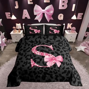 Imagem de jejeloiu Conjunto de edredom infantil, tamanho casal, com estampa de leopardo, laço rosa, alfabeto, edredom para crianças, meninas, mulheres, quarto de guepardo, microfibra ultramacia e respirável