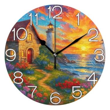 Imagem de GAIGEO Relógio de parede decorativo analógico operado por bateria relógio de escritório cozinha, arte de parede boho decoração de casa desenho floral casa flor mar, 25 cm, ponteiros pretos