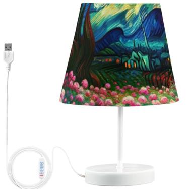 Imagem de TSENQUE Candeeiro de mesa de cabeceira USB colorido personalizado regulável noite estrelada peônia flores mesa de cabeceira lâmpada led estética aconchegante para quarto