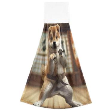 Imagem de Toalhas de mão engraçadas de pose de karatê de cachorro para pendurar toalhas de mão para forno de cozinha toalhas de dedo ultra absorventes conjunto decorativo de 2, 45 x 35 cm
