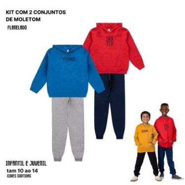 Imagem de Kit2 Conjunto Moletom Juvenil Masculino Blusa Calça Flanelado capuz bolso Roupa menino inverno 10 14-Masculino