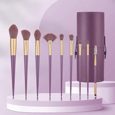 Imagem de Conjunto de 9 pincéis de maquiagem roxos com estojo redondo, pincéis cosméticos profissionais, kit completo de ferramentas de beleza para contorno de base, blush e aplicação em pó
