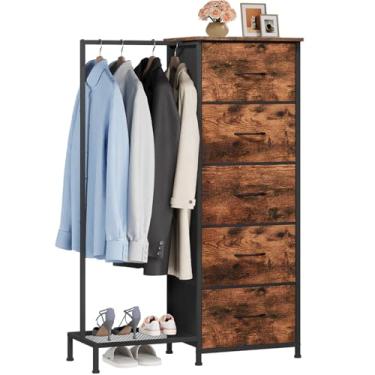 Imagem de Somdot Cômoda com suporte para pendurar, armário pequeno com 5 gavetas para quarto, cômoda de quarto com sapateira, cômoda de armazenamento 2 em 1, torre de armazenamento alta, moldura resistente