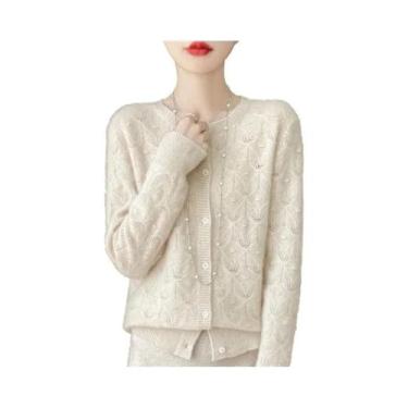 Imagem de Cardigan De Lã Tricotado Feminino Para Outono Inverno Com Decote Redon