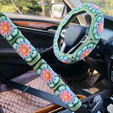 Imagem de onEternal Capa de volante de crochê feita à mão Galsang Flower Conjunto de capa de cinto de segurança de fio macio acessórios interiores de carro decorações conforto para todas as estações (1 capa de
