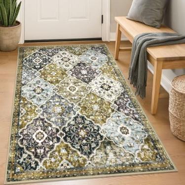 Imagem de KILOCOCO Tapete de área para sala de estar 3'x5' treliça marroquina tapete de quarto tapete lavável interior antiderrapante tapete de acento baixo impresso tapete para banheiro cozinha entrada sala de jogos tapete de escritório, creme