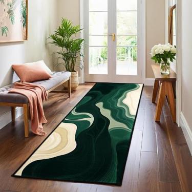 Imagem de AQQA Tapete verde e bege abstrato, lavável, 6 x 15 cm, para corredor, cozinha, quarto, lavanderia, banheiro, tapete de borracha antiderrapante, lã sintética, macia, dobrável, longo, 60 x 182 cm