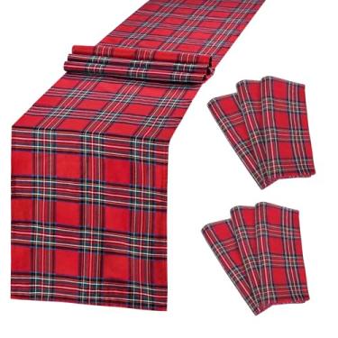 Imagem de Caminho de mesa xadrez buffalo: 33 x 213 cm xadrez vermelho caminhos de mesa casa fazenda natal férias decoração de cozinha 6 pacotes