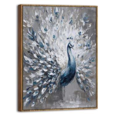 Imagem de Arte de parede em tela de pavão emoldurada para sala de estar quarto azul e branco penas decoração de parede vintage decoração de casa de fazenda animais selvagens impressão de pôster pintura moderna