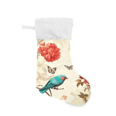 Imagem de ATTX Meias de Natal de pássaros turquesa, suportes de presente brancos de pelúcia para decorações de festas de fim de ano (17,7 polegadas, pacote com 2) #420