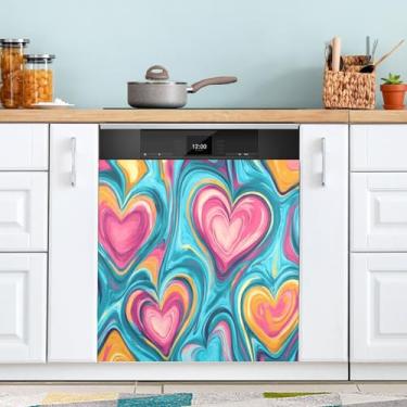 Imagem de ATTX Capa magnética de lava-louças com corações coloridos | Adesivo decorativo de eletrodomésticos de 58 x 66 cm para armários domésticos e eletrodomésticos #98