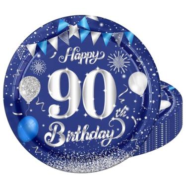 Imagem de Cekivina 20 peças de pratos de papel descartáveis de 23 cm azul marinho e prata 90 anos suprimentos de festa pratos de feliz aniversário de 90 anos, para decorações de aniversário de marco do século