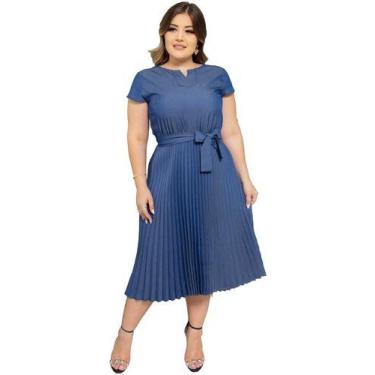 Imagem de Vestido Cristão Jeans Leve Plissado Rodado - Boni'Ta, Azul, Aço, P
