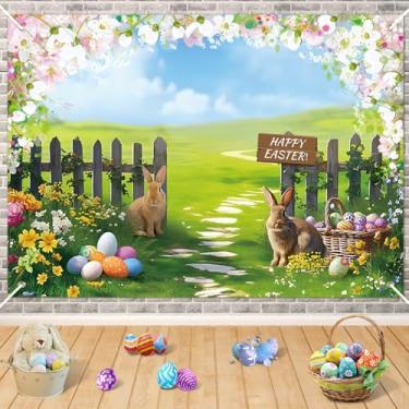 Imagem de Pano de fundo para fotografia de primavera, 2,1 x 1,5 m Happy Easter Bunny Egg Garden Photoshoot, pano de fundo, grama, rosa, floral, natureza, cenários de flores, faixa de fotos Hello Spring para