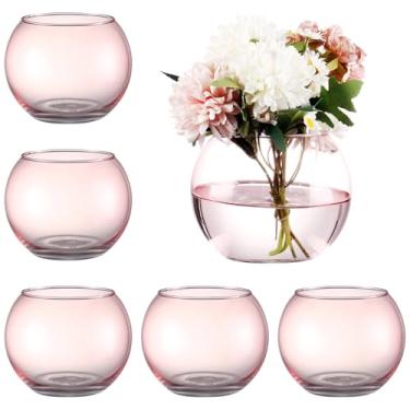 Imagem de MARTAGE Conjunto de 6 vasos de vidro redondos, vasos de flores rosa para centros de mesa, vaso redondo pequeno para sala de estar, quarto, cozinha, mesa de jantar, escritório, casamento, 10 cm