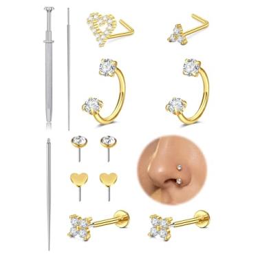 Imagem de QWALIT Anel de nariz dourado de 20 g para mulheres, aço cirúrgico, ferradura, piercing de nariz duplo, pedra preciosa, sapato de cavalo, hipoalergênico, tragus, tragus, narina, hélice, cartilagem