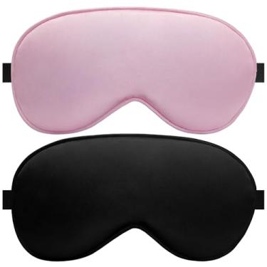 Imagem de Máscara de dormir de seda – Pacote com 2 máscaras de seda para dormir, alça ajustável, 100% blackout, capa macia para dormir em casa e viagem para mulheres e homens (rosa e preto)