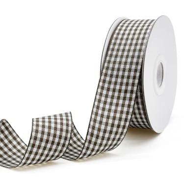 Imagem de PQZKLDP Fita xadrez marrom e branca de 2,5 cm fita xadrez buquê de flores para presente fita xadrez 100% poliéster cada rolo 20 jardas