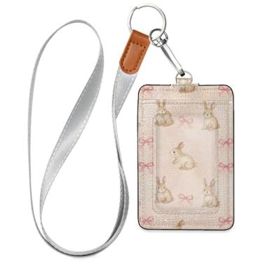 Imagem de Burbuja Porta-crachá de couro com cordão, etiqueta de identificação com laço de coelho com 1 janela transparente para identidade e 2 compartimentos para cartão para escritório, enfermeira, professor