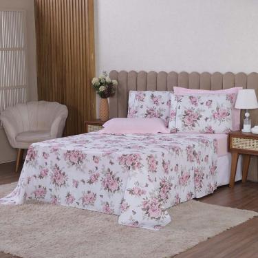 Imagem de Jogo de Lençol Beatriz Solteiro 3 Peças Percal 180 Fios 100% Algodão Ponto Palito - Rosa Floral