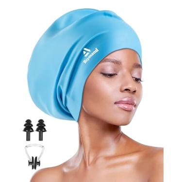 Imagem de Touca de natação para cabelos longos e grossos, toucas de natação de silicone de 3 tamanhos para dreadlocks, tranças, tranças, extensões, cachos e afros, bonés de natação impermeáveis para adultos