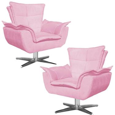 Imagem de Kit 2 Poltronas Decorativas Base Giratória Cromada Charger Suede Rosa G19 - Gran Belo