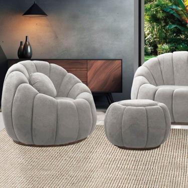 Imagem de Poltrona Decorativa Orgânica Giratória Com Puff Cloud Bouclê Cinza Claro E03 - D'rossi