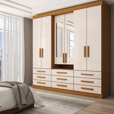 Imagem de Guarda-Roupa Casal Real 6 Portas 9 Gavetas com Espelho 100% Mdf Cinamomo/Off White - Panorama Móveis