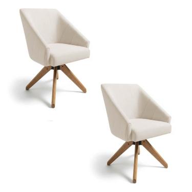 Imagem de Kit 2 Poltronas Giratórias Alana Linho Bege Base De Madeira - Pallazio