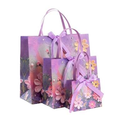 Imagem de Conjunto de sacolas de presente, pintura a óleo floral com flores 3D, 