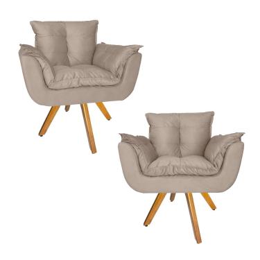 Imagem de Conjunto 2 Poltrona Estofada Base Giratória De Madeira Clínica Opala Suede Bege - LM DECOR
